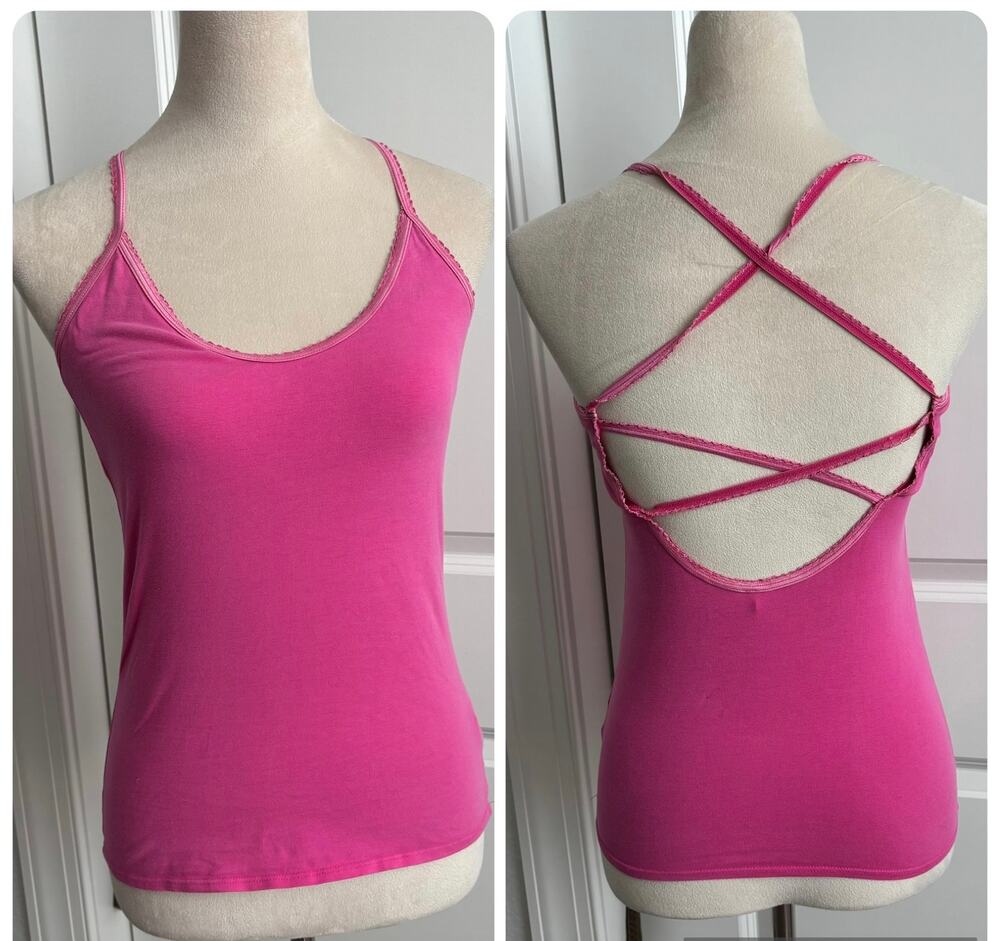 Free People Magenta Pink Strappy Back Camisole Tank Top Lace Trim Sizeโ S Small